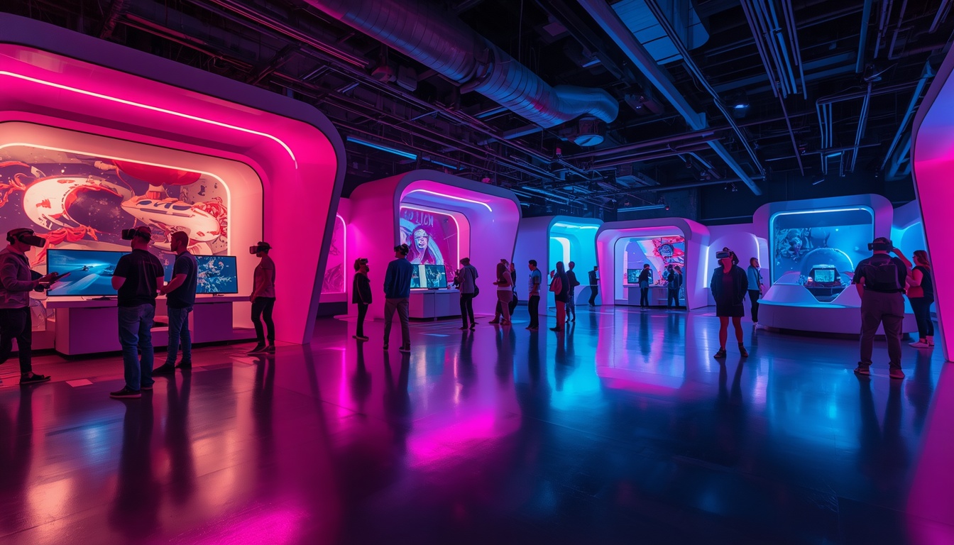 Guests exploring the neon-lit free-roam VR arena at Portalis VR